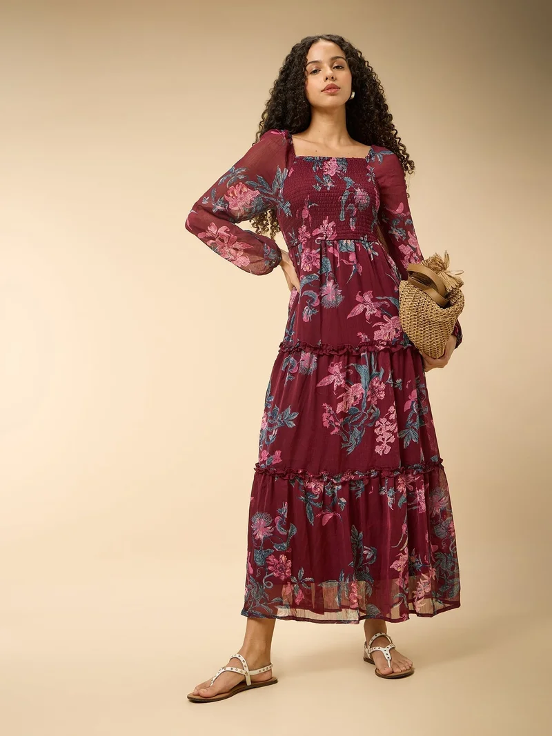 Outzidr  Maroon Full Sleeve Fit & Flare Dress for Women | Best Price UAE